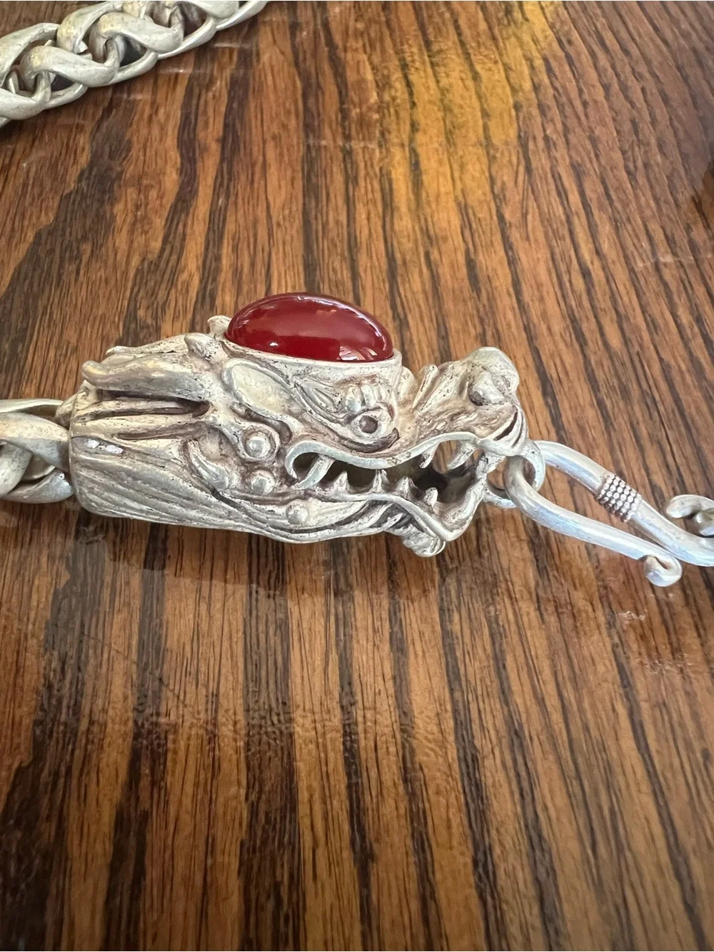 Braided Tibetan Silver Dragon Necklace with Carnelian Cabochons